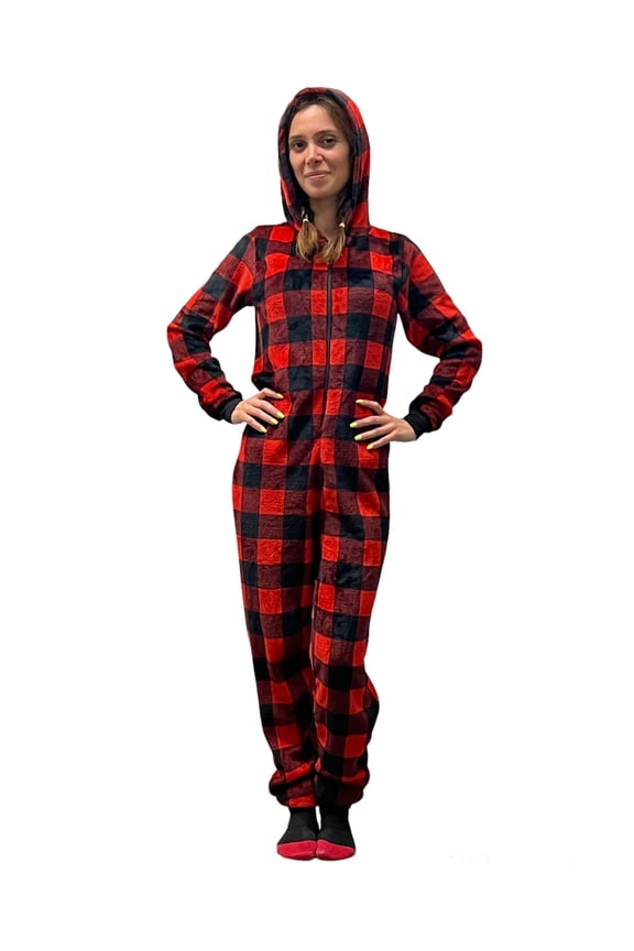 Women Buffalo Plaid Fleece One Piece Pajamas  Hoodie Onesie Plaid Union Suit Jumpsuits Size Medium