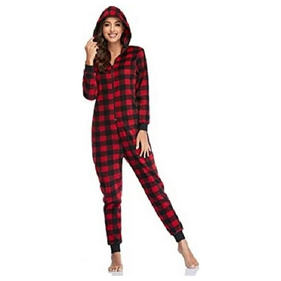 Sasha Women Christmas Pajamas Hoodie Fleece Onesie Plaid Union Suit Jumpsuits Medium
