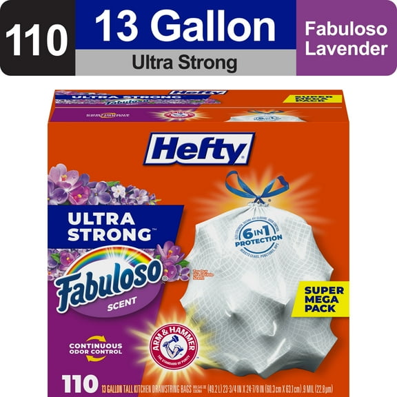Hefty Ultra Strong 13 gallon Trash Bags, Tall Kitchen Trash Bags, White, Fabuloso Scent, 110 Bags