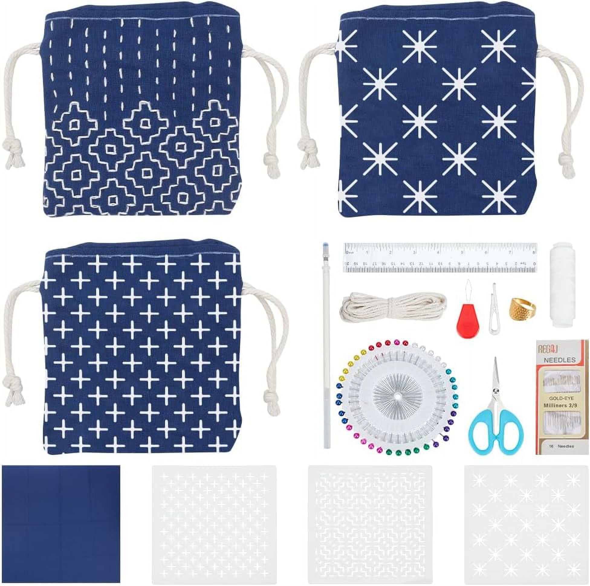 Sashiko DIY Tote Bag Kit - Drawstring Bags Fabric Thread & Needles for ...