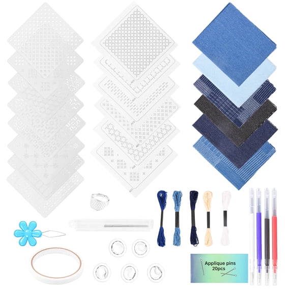 Sashiko Kit with Sashiko Thread and Needles Thimble Fabric Finger Cots for Beginner Hand Quilting and Mending Sewing Supplies,Sashiko Stencil Kit