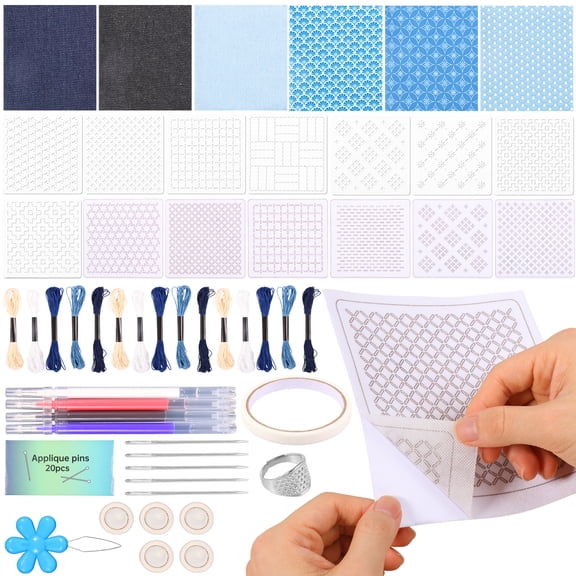 Sashiko Kit with Sashiko Thread and Needles Thimble Fabric Finger Cots for Beginner Hand Quilting and Mending Sewing Supplies