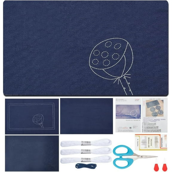 Sashiko Tea Mat Kit Lotus Pod Pattern Sewing Coaster Kit Sashiko Starter Kit with Instructions Sashiko Supplies Japanese Needlework Kit Beginners Adults Housewarming Gift