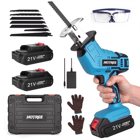 HOTREE Cordless Reciprocating Saw with LED Light, Variable Speed, 2 x 2.0Ah Batteries, Blades Kit for Wood, Metal, PVC Cutting