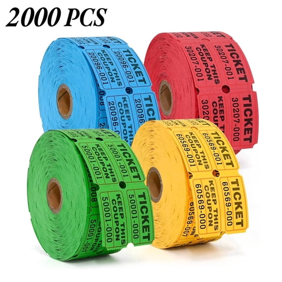 Sasio 2000 Double Draw Tickets - 4 colors (blue, yellow, red, green), 500 tickets per roll, suitable for various events, fundraising events, and parties.
