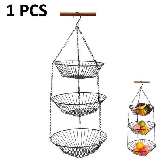 Sasio 3-Tier Wire Fruit Hanging Basket, Kitchen and Bathroom Storage Basket, Includes 3M No-Residue Adhesive Pads and S-Hooks, Ideal for Bathrooms, Kitchens, Wardrobes, and Gardens, Black