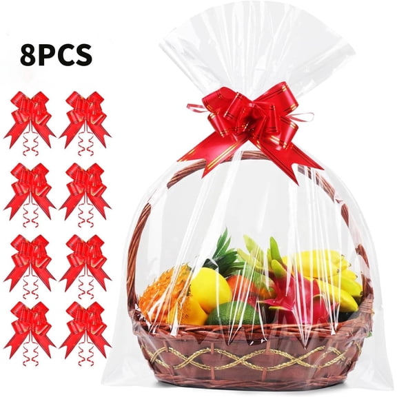 Sasio 8-Pack Extra-Large Cellophane Bags, 35x55-inch transparent cellophane bags with 8 red bows; 3-mil thickened cellophane gift bags, designed for gift basket packaging