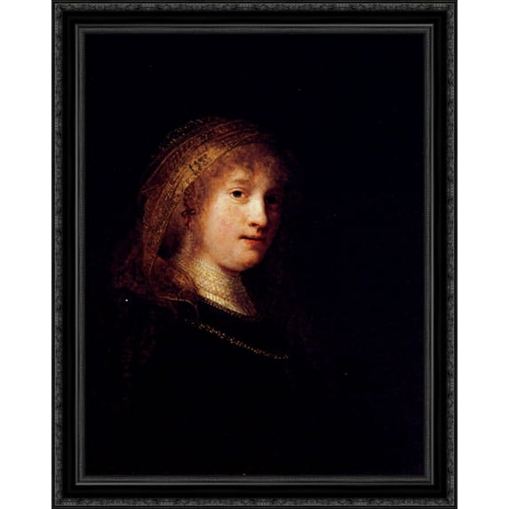 Saskia Wearing A Veil 28x36 Large Black Ornate Wood Framed Canvas Art by Rembrandt