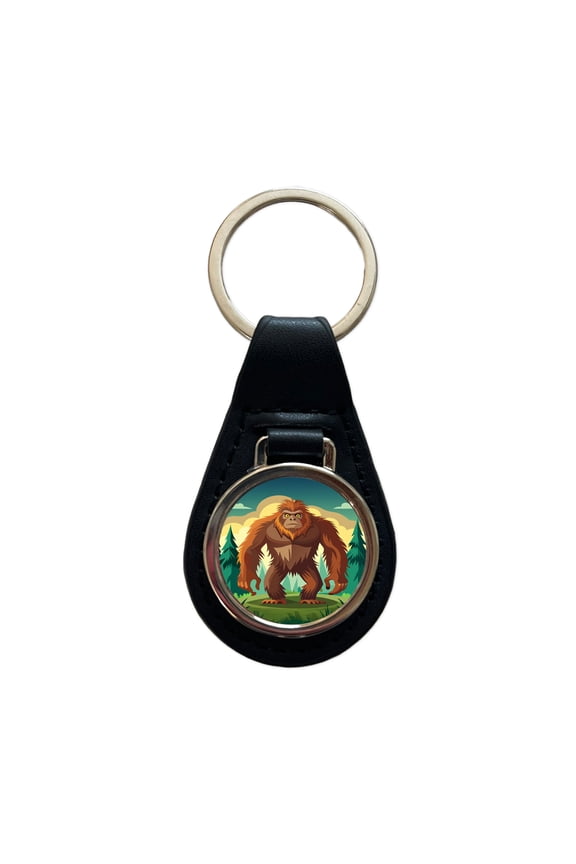 Sasquatch Big Foot Drawing Metal Black Leather Keychain
