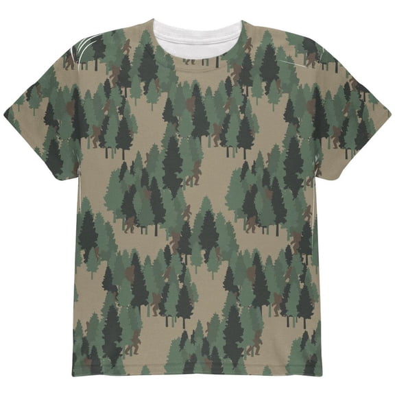 Sasquatch Bigfoot Camo Repeat Pattern All Over Youth T Shirt Multi YSM