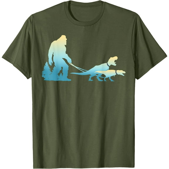 Sasquatch Bigfoot Walking T-Rex Dinosaurs Funny Dinosaur Unisex T-Shirt for Men Women Kids,Military Green Color,Size 5XL