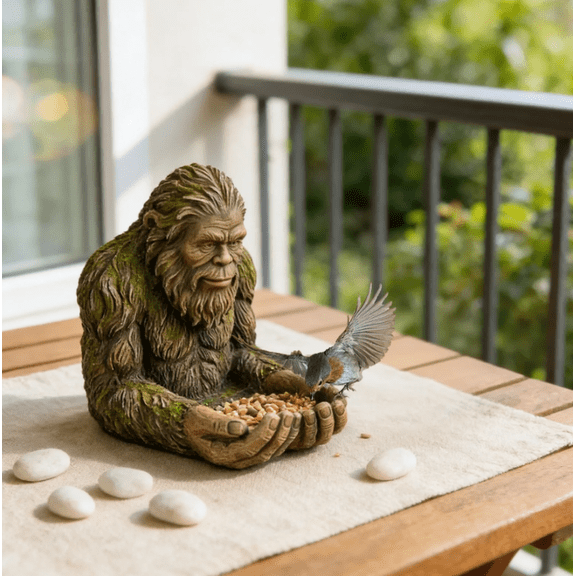 Sasquatch Bird Feeder Statue, Whimsical Outdoor Garden Decor Sculpture with Hidden Keyhole Hanger for Tree or Fence Mount, Highly Attractive Bird Feeder