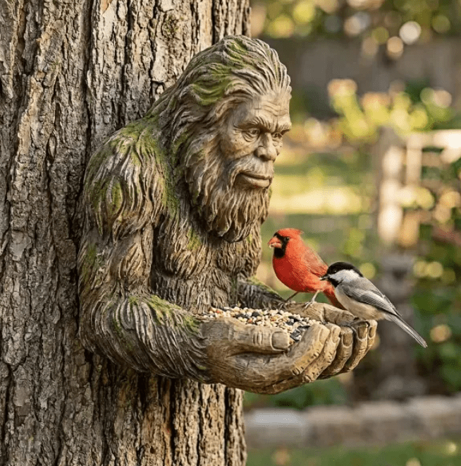 Sasquatch Bird Feeder Statue, Whimsical Outdoor Garden Decor Sculpture with Hidden Keyhole Hanger for Tree or Fence Mount, Waterproof Resin Wildlife Feeder