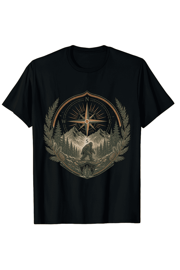 Sasquatch Compass Forest Graphic Unisex T-Shirt, Cotton Short Sleeve Tee