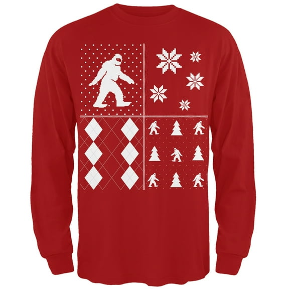 Sasquatch Festive Blocks Ugly Christmas Sweater Red Long Sleeve T-Shirt - Small