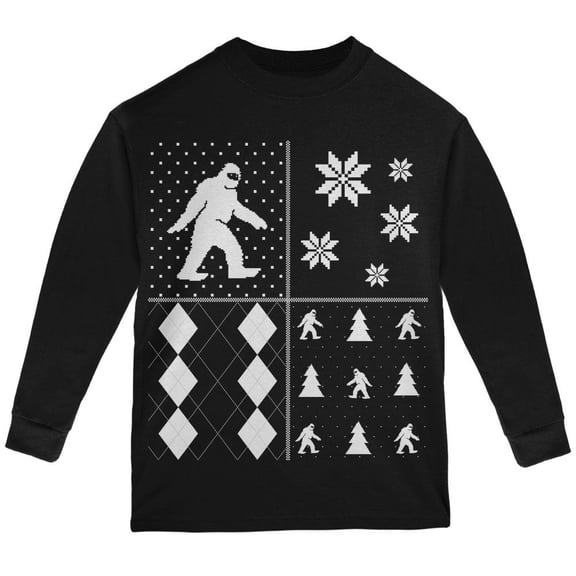 Sasquatch Festive Blocks Ugly XMAS Sweater Black Youth Long Sleeve T-Shirt - Youth X-Large