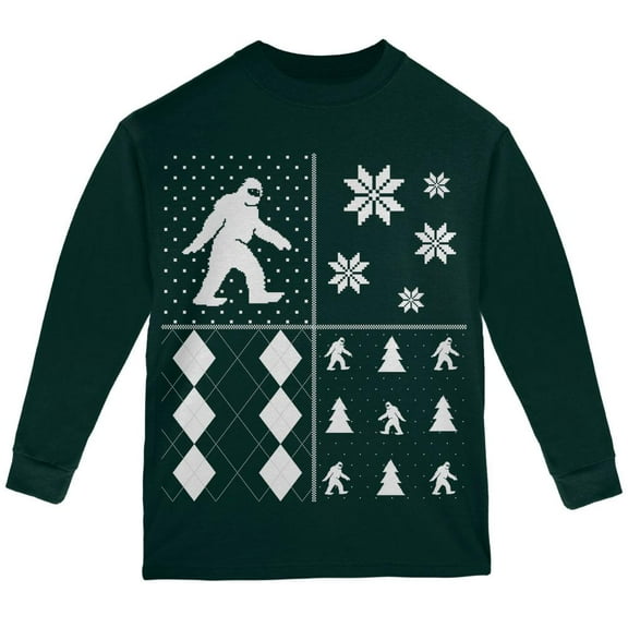 Sasquatch Festive Blocks Ugly XMAS Sweater Forest Youth Long Sleeve T-Shirt - Youth Small