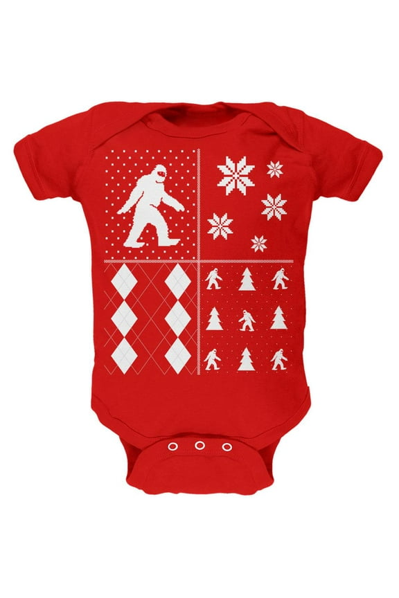 Sasquatch Festive Blocks Ugly XMAS Sweater Red Soft Baby One Piece - 3-6 months