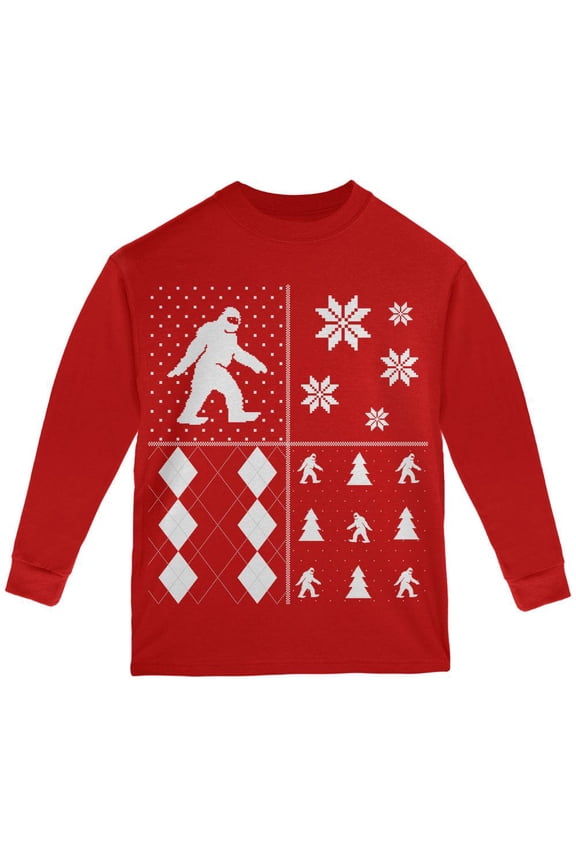 Sasquatch Festive Blocks Ugly XMAS Sweater Red Youth Long Sleeve T-Shirt - Youth Medium
