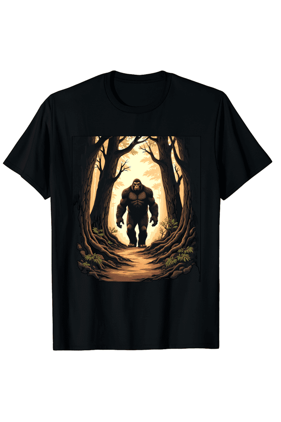Sasquatch Hiking Bigfoot Graphic Black T-Shirt for Men and Women