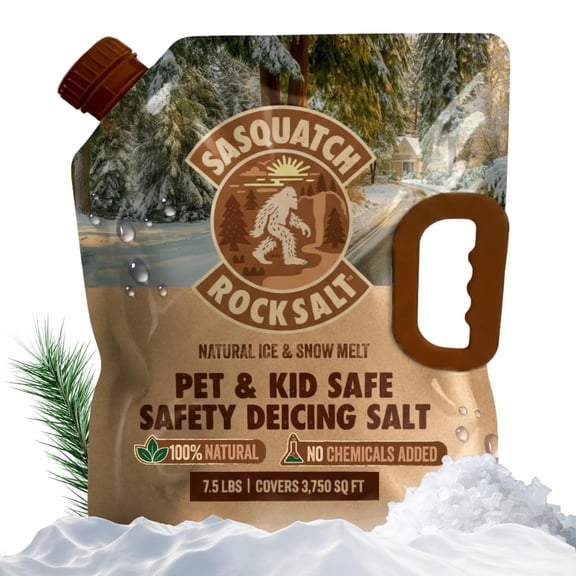 Sasquatch Rock Salt™ Natural Ice & Snow Melt - Pet & Kid Safe Safety Deicing Salt - 7.5 LBS (Single Pack) Covers 3,750 SQ FT - No Chemicals - 100% Natural - Pacific Northwest - Waterproof Pouch