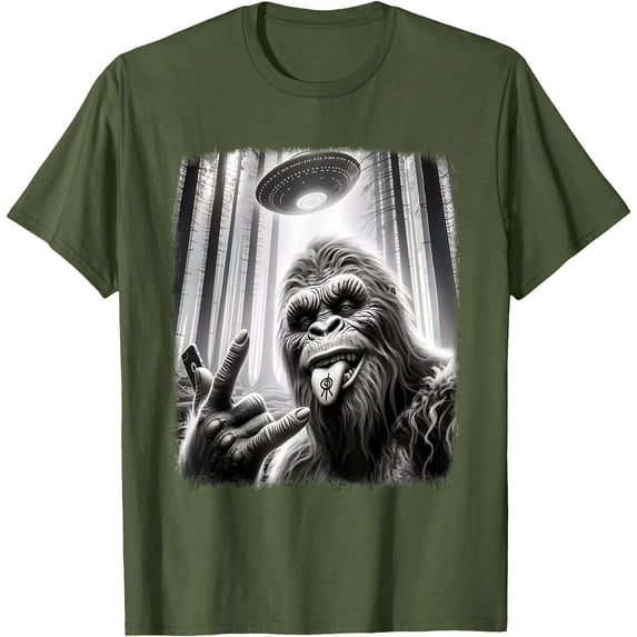 Sasquatch Selfie Big Foot Rock On UFO Alien Funny Unisex T-Shirt for Men Women Kids Toddler,Military Green Color,Size M