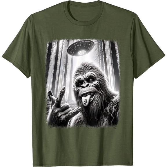 Sasquatch Selfie Big Foot Rock On UFO Alien Funny Unisex T-Shirt for Men Women Kids Toddler