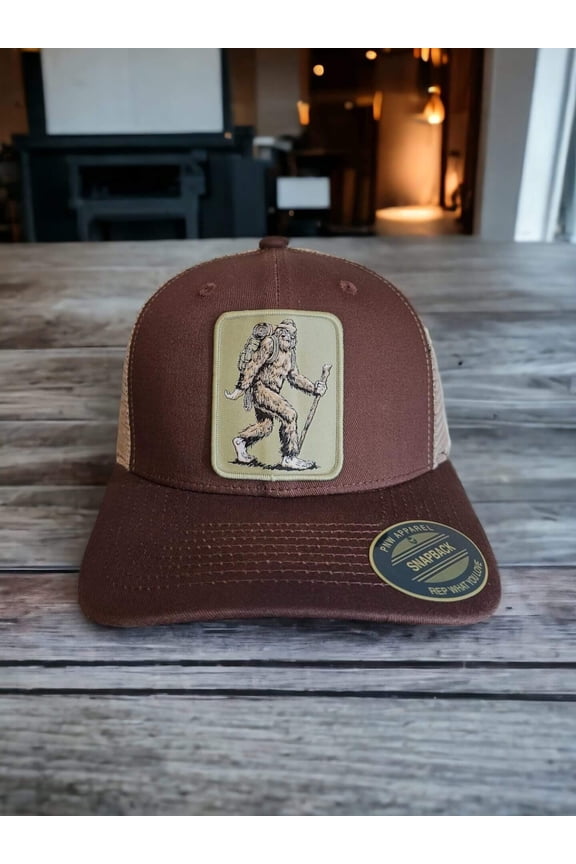 Sasquatch Snapback Trucker Hat for Hiking and Gifts - Brown on Khaki