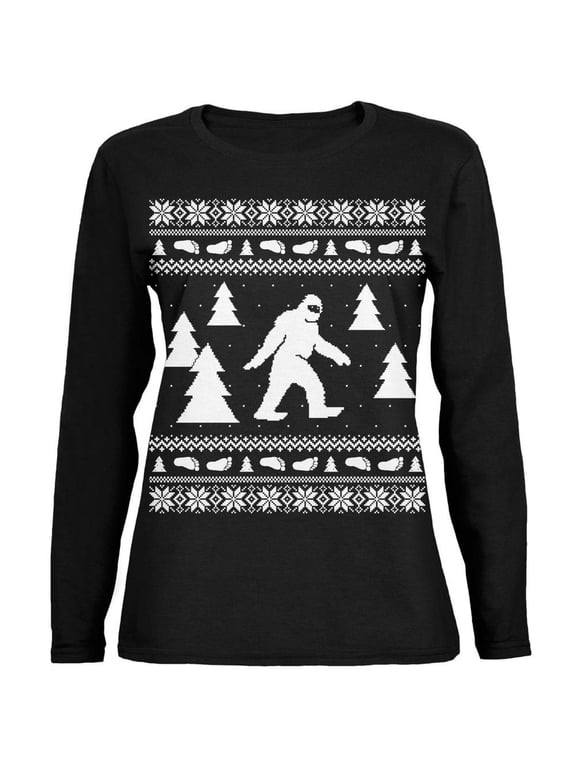 Sasquatch Ugly Christmas Sweater Black Ladies Long Sleeve T-Shirt - X-Large