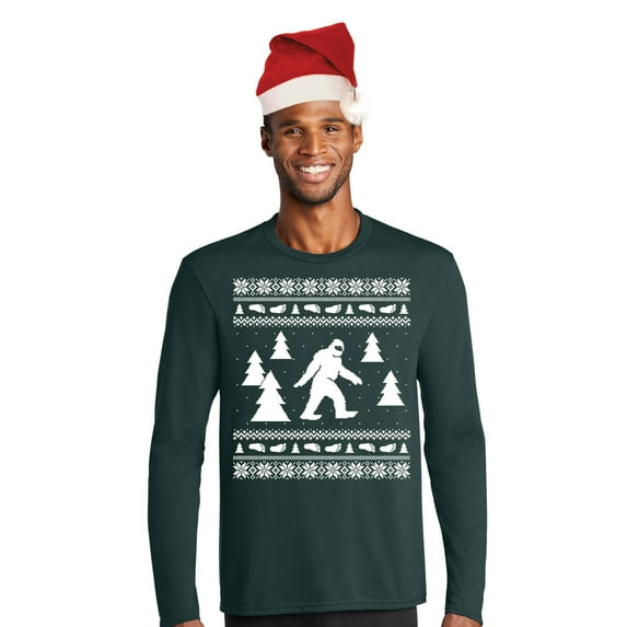 Sasquatch Ugly Christmas Sweater Green Mens Long Sleeve T Shirt with Santa Hat