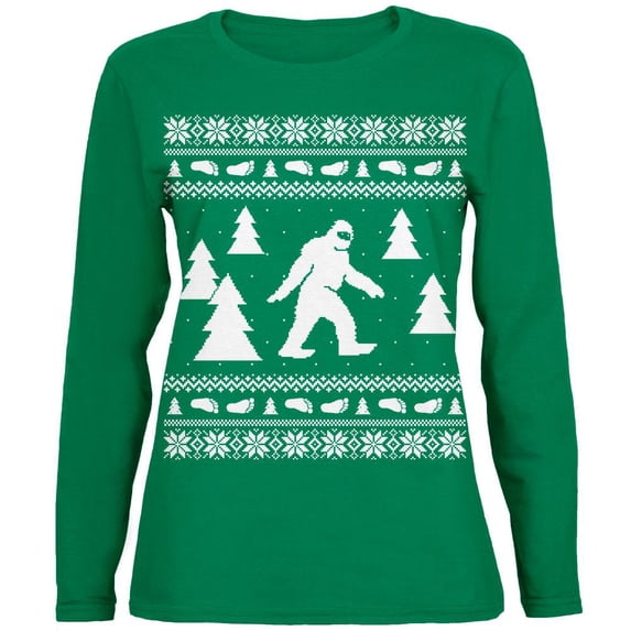 Sasquatch Ugly Christmas Sweater Green Womens Long Sleeve T-Shirt - Small