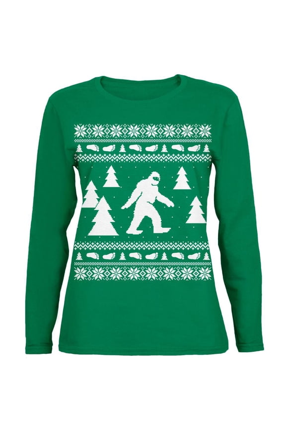 Sasquatch Ugly Christmas Sweater Green Womens Long Sleeve T-Shirt - Small