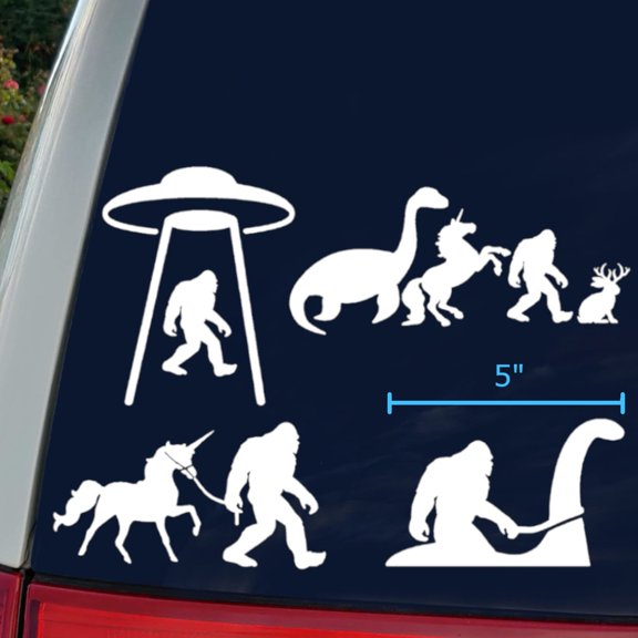 Sasquatch and Friends Decal 4 Pack: Bigfoot, UFO, Loch Ness, Jackalope, Unicorn