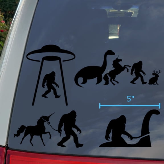 Sasquatch and Friends Decal 4 Pack: Bigfoot, UFO, Loch Ness, Jackalope, Unicorn