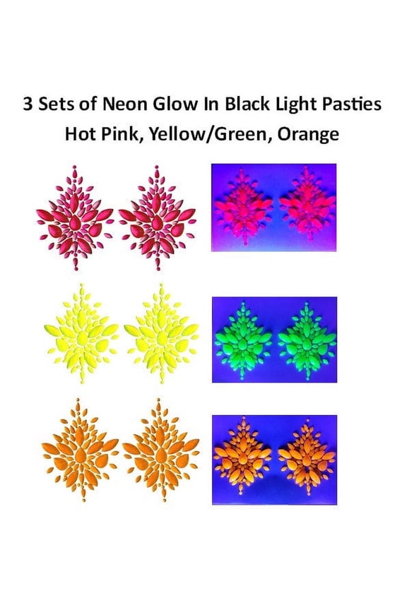 Set of 3 Reusable Neon GLOW In Black Light Rhinestone Pasties w/ Body Glue for Reapplication - Bright Colored Nipple Covers with Crystals & Gems