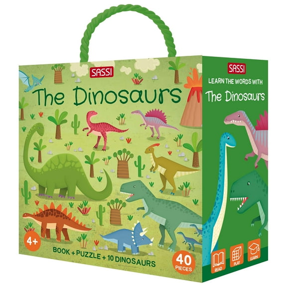 Sassi: Q-Box - The Dinosaurs - Read-Play-Learn Jurassic Set, 40pc Puzzle, Booklet, 10 Dino Figures, Storage Box, Interactive Educational Fun, Kids 4+