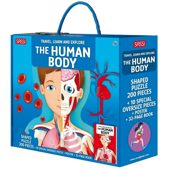 Sassi: Travel, Learn & Explore - The Human Body - 200pc Shaped Puzzle & 32-Page Book, Educational Set, Facts About Bodily Systems, (N.E. 2024) Kids 6+