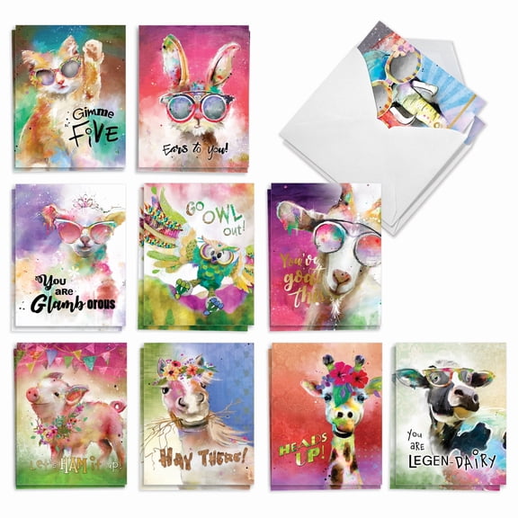 The Best Card Company 20 Assorted Funny Blank Notes Set 4x5.12 w/ Envelopes, 10x2 Designs, for Men, Women, Sassy Animals AM8850OCB-B2x10