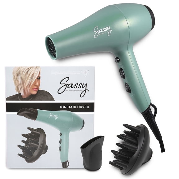Sassy Ceramic Ion Hair Dryer, 1875-Watt Salon Dryer with Concentrator and Diffuser Green