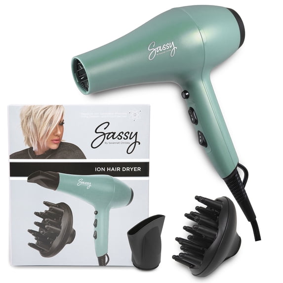 Sassy Ceramic Ion Hair Dryer, 1875-Watt Salon Dryer with Concentrator and Diffuser Green