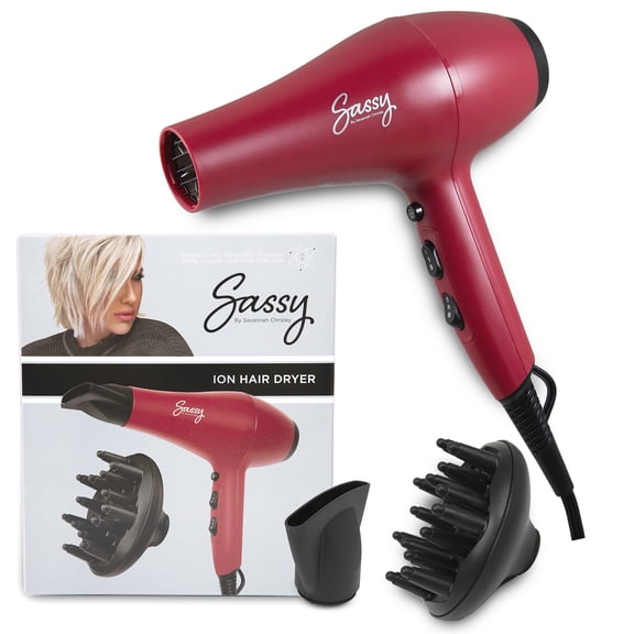 Sassy Ceramic Ion Hair Dryer, 1875-Watt Salon Dryer with Concentrator and Diffuser Red