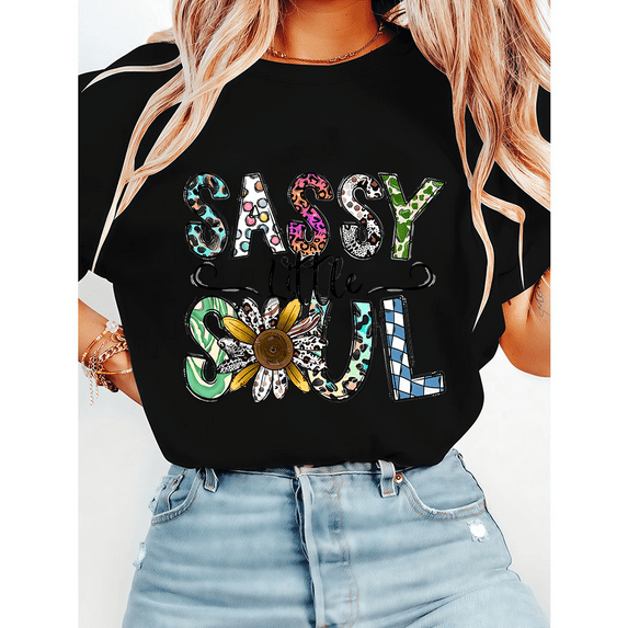 Sassy Little Soul Leopard Print Tshirts Floral & Plaid Graphic Tees Western Design Short Sleeve Casual Tops Cotton Shirts for Daily Outfits Black,M