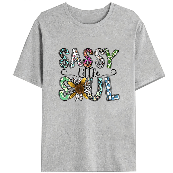 Sassy Little Soul Leopard Print Tshirts Floral & Plaid Graphic Tees Western Design Short Sleeve Casual Tops Cotton Shirts for Daily Outfits Gray,3XL