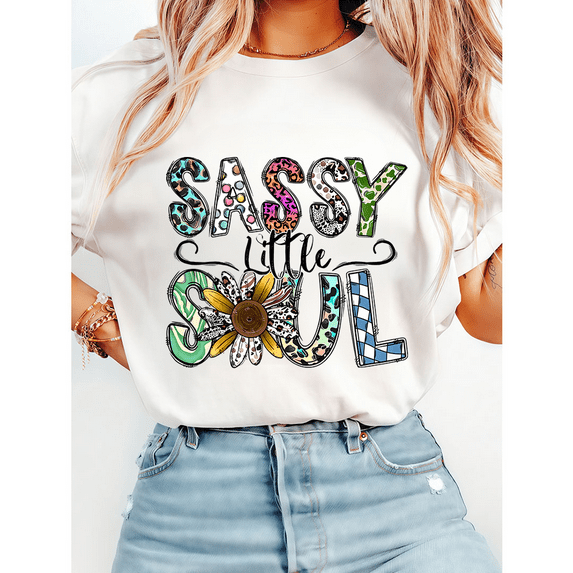 Sassy Little Soul Leopard Print Tshirts Floral & Plaid Graphic Tees Western Design Short Sleeve Casual Tops Cotton Shirts for Daily Outfits White,M