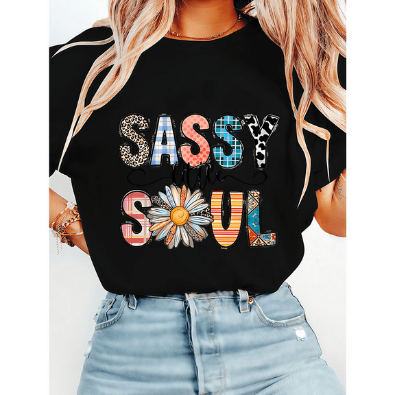 Sassy Little Soul Leopard Print Tshirts Western Floral & Plaid Graphic Tees Casual Short Sleeve Tops Cotton Shirts for Daily Outfits Black,XL