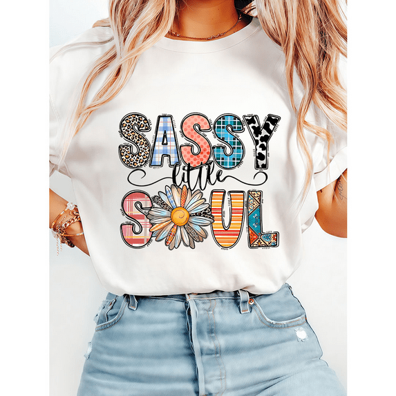 Sassy Little Soul Leopard Print Tshirts Western Floral & Plaid Graphic Tees Casual Short Sleeve Tops Cotton Shirts for Daily Outfits White,S