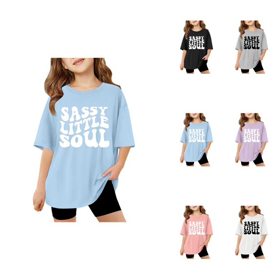 Sassy Little Soul Short Sleeve Crewneck T-Shirt for Girls – Oversized Casual Summer Top with Letter Print, Cute Funny Basic Tee, Size 7-8 Years, Black