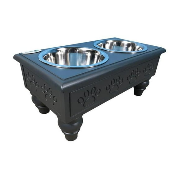 Sassy Paws Raised Wooden Pet Double Diner with Stainless Steel Bowls, Charcoal Gray - Medium
