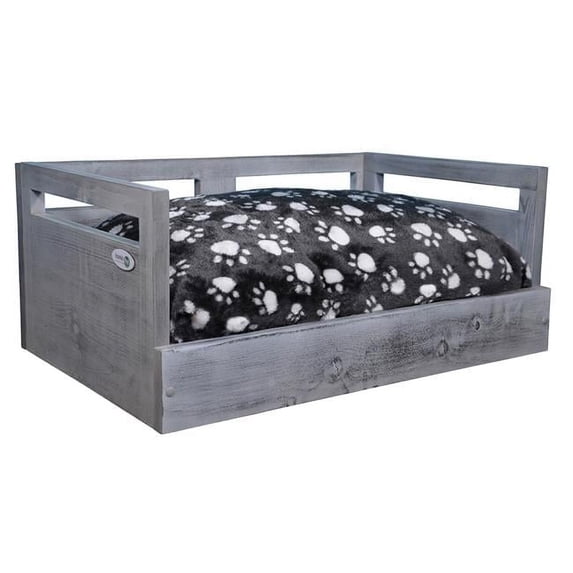 Sassy Paws Wooden Pet Bed with Paw Printed Comfy Cushion, Antique Gray - Medium