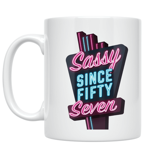 Sassy Since Fifty Seven Neon Sign Design - Diner Culture Enthusiast - 11 oz Ceramic Coffee Mug